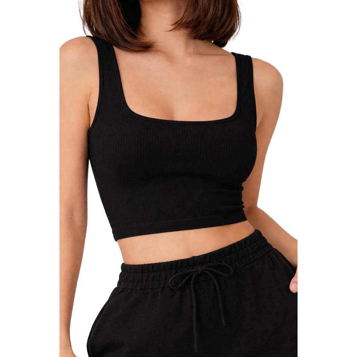 Black ribbed crop top with wide shoulder straps and square neckline