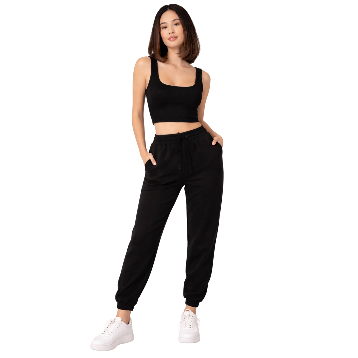 Black ribbed square-neck crop top, sleeveless with wide straps