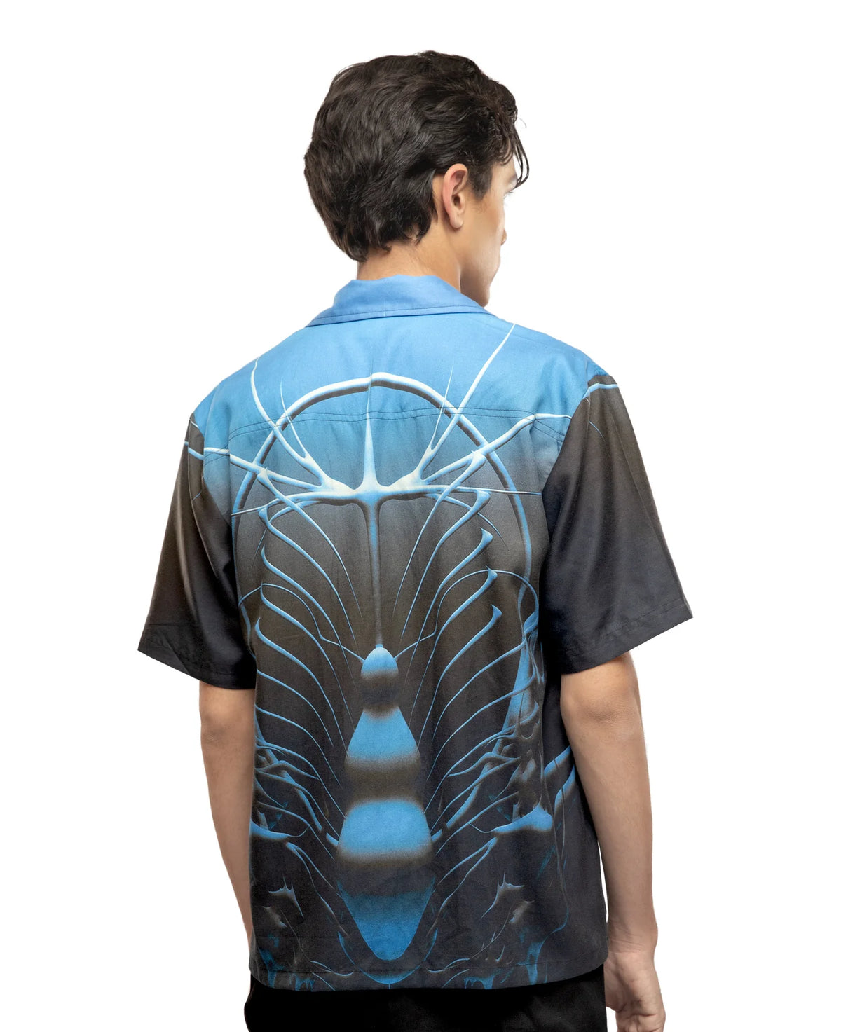 Black short-sleeve crewneck shirt with blue back graphic, shown from side