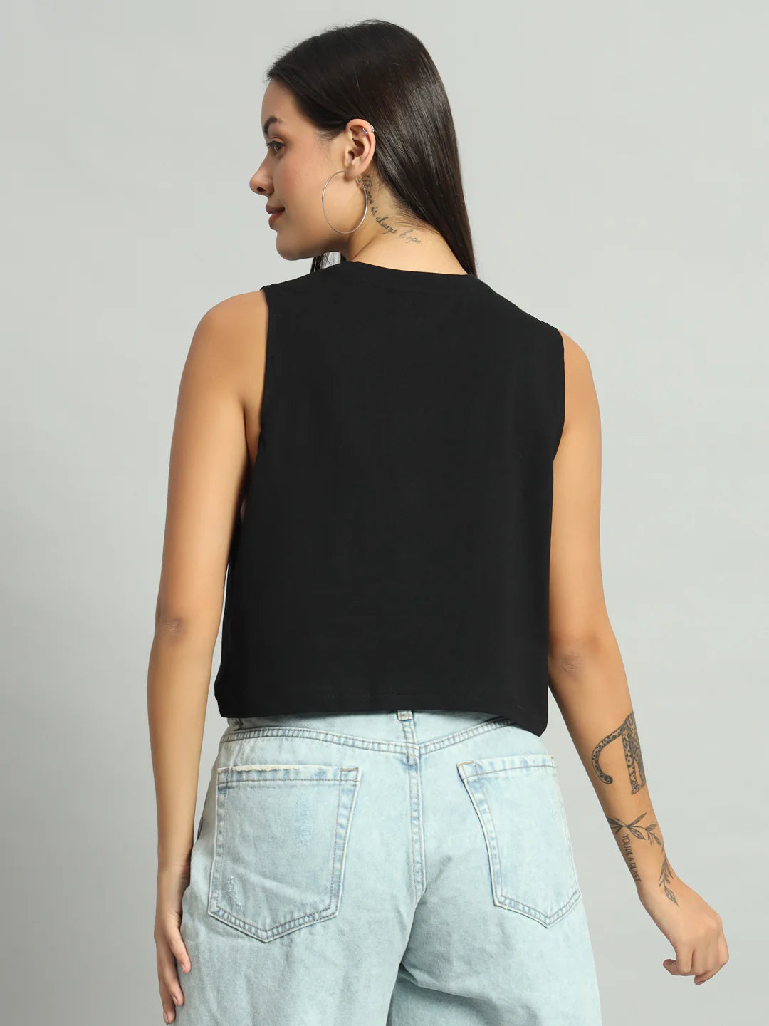 Black sleeveless tank top back view, no visible logo