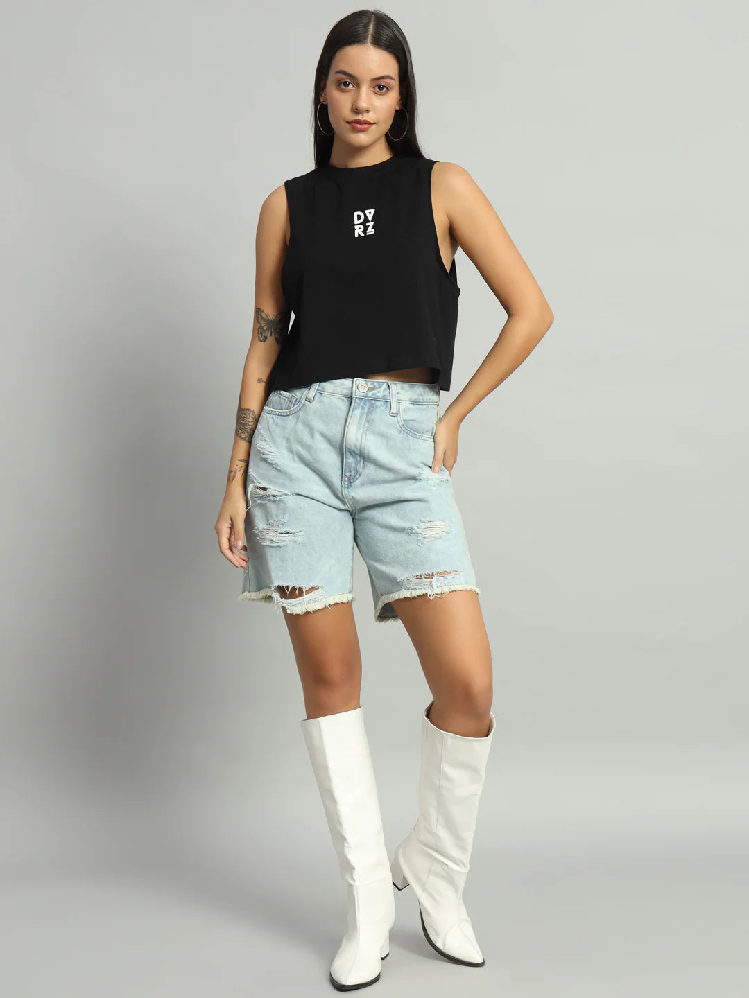 Black sleeveless cropped tank top with DVZR logo and straight hemline