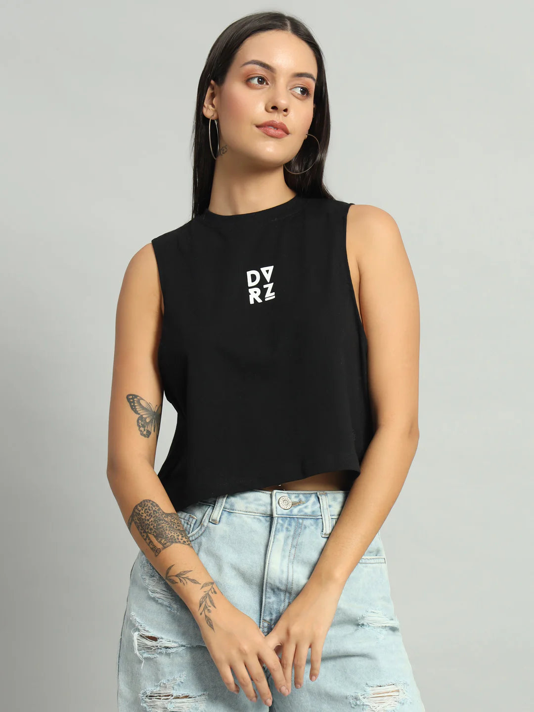 Black sleeveless cropped tank top with DVZR logo on chest