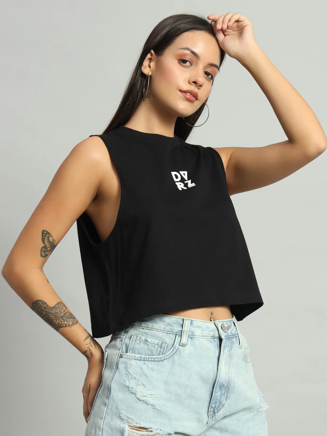 Black sleeveless cropped tank top with DVZR logo; crew neckline