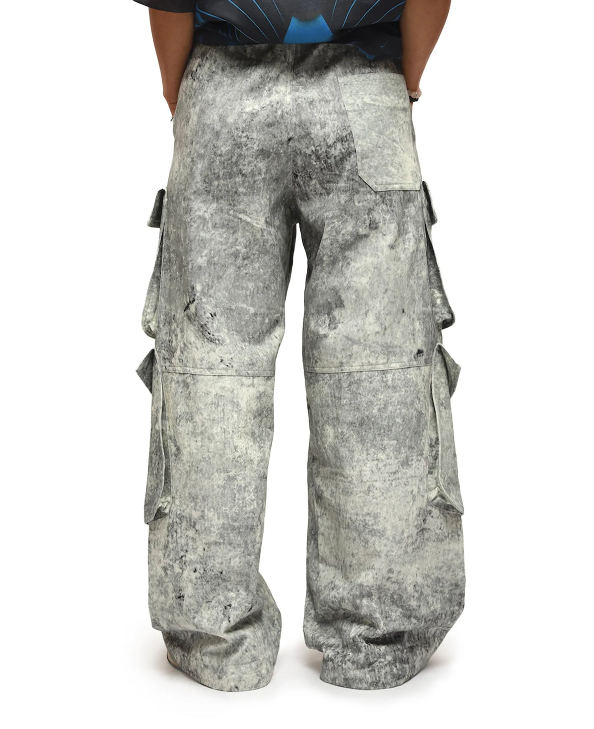 Ash-gray cargo pants with multiple flap cargo pockets and relaxed wide-leg fit.