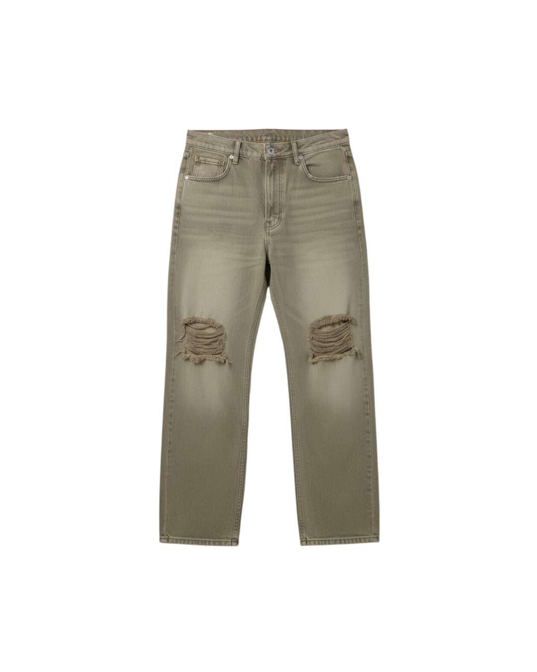 Sand-wash olive baggy denim jeans, flat lay, distressed knee rips and belt loops.