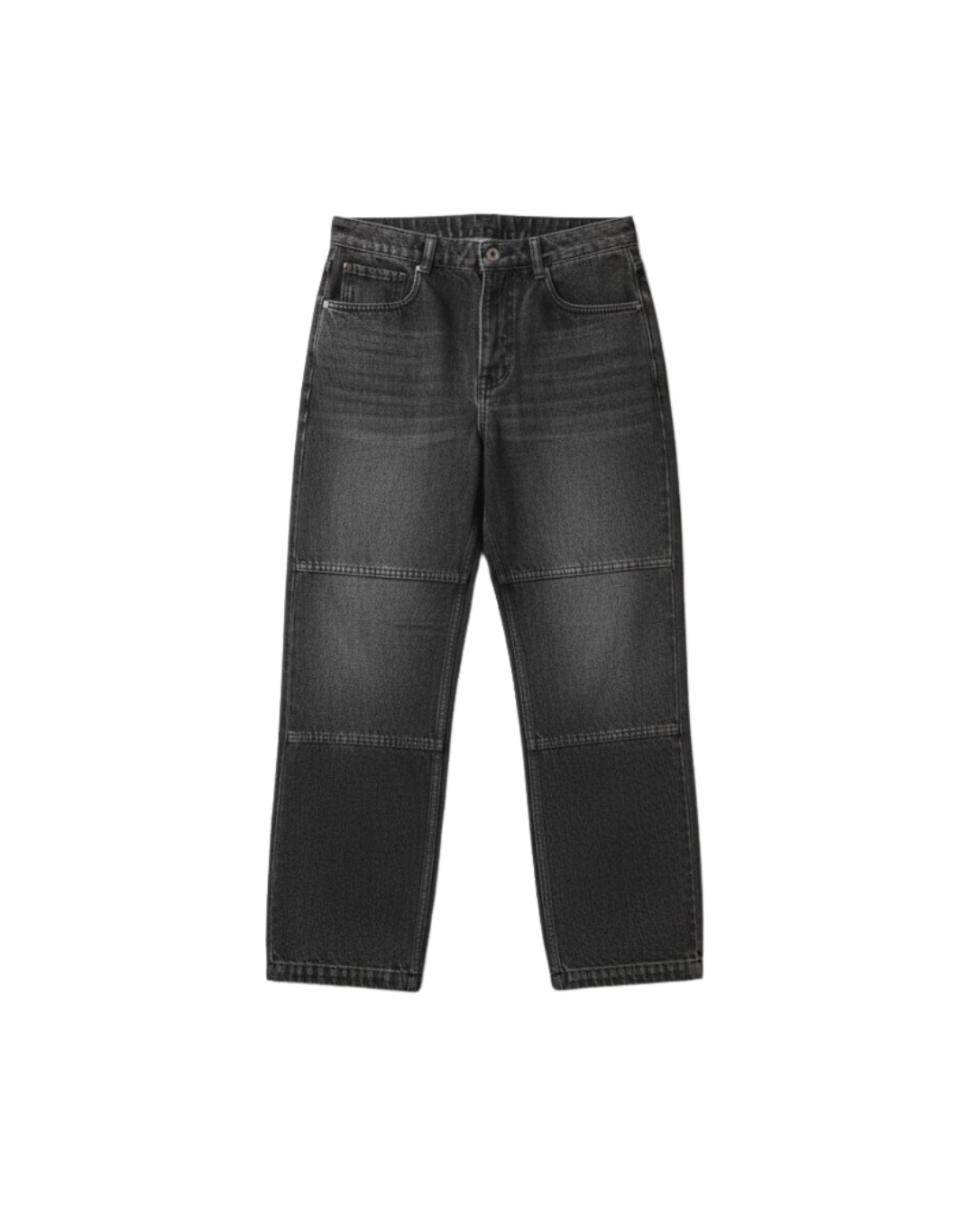 Dark gray loose fit jeans with paneled knee patches, front view