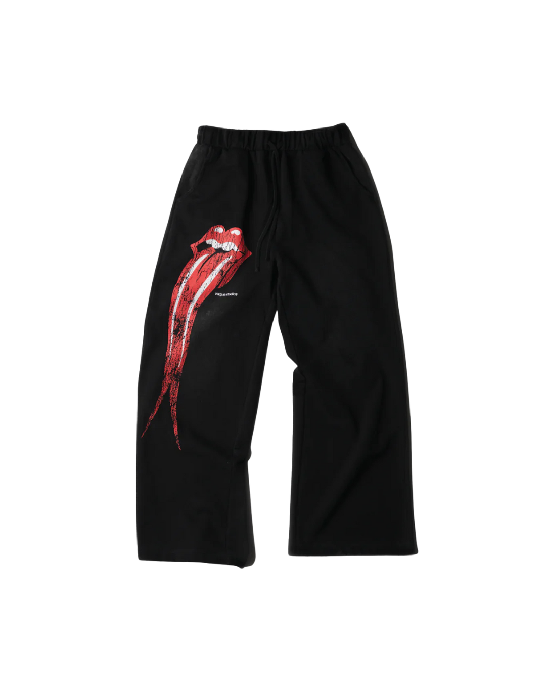 Black wide-leg pants with elastic waistband and red lip graphic