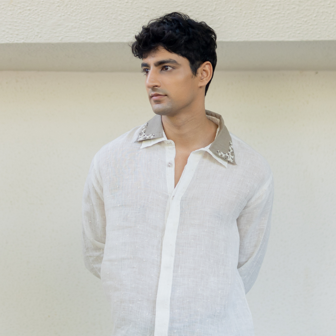 IVORY DOUBLE COLLAR EMBROIDERED SHIRT
