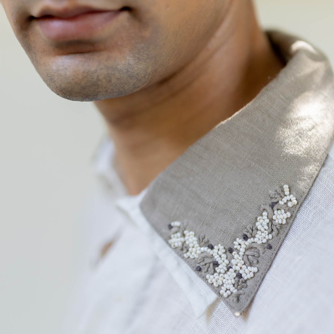 IVORY DOUBLE COLLAR EMBROIDERED SHIRT