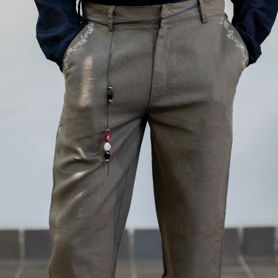OLIVE EMBROIDERED TROUSERS