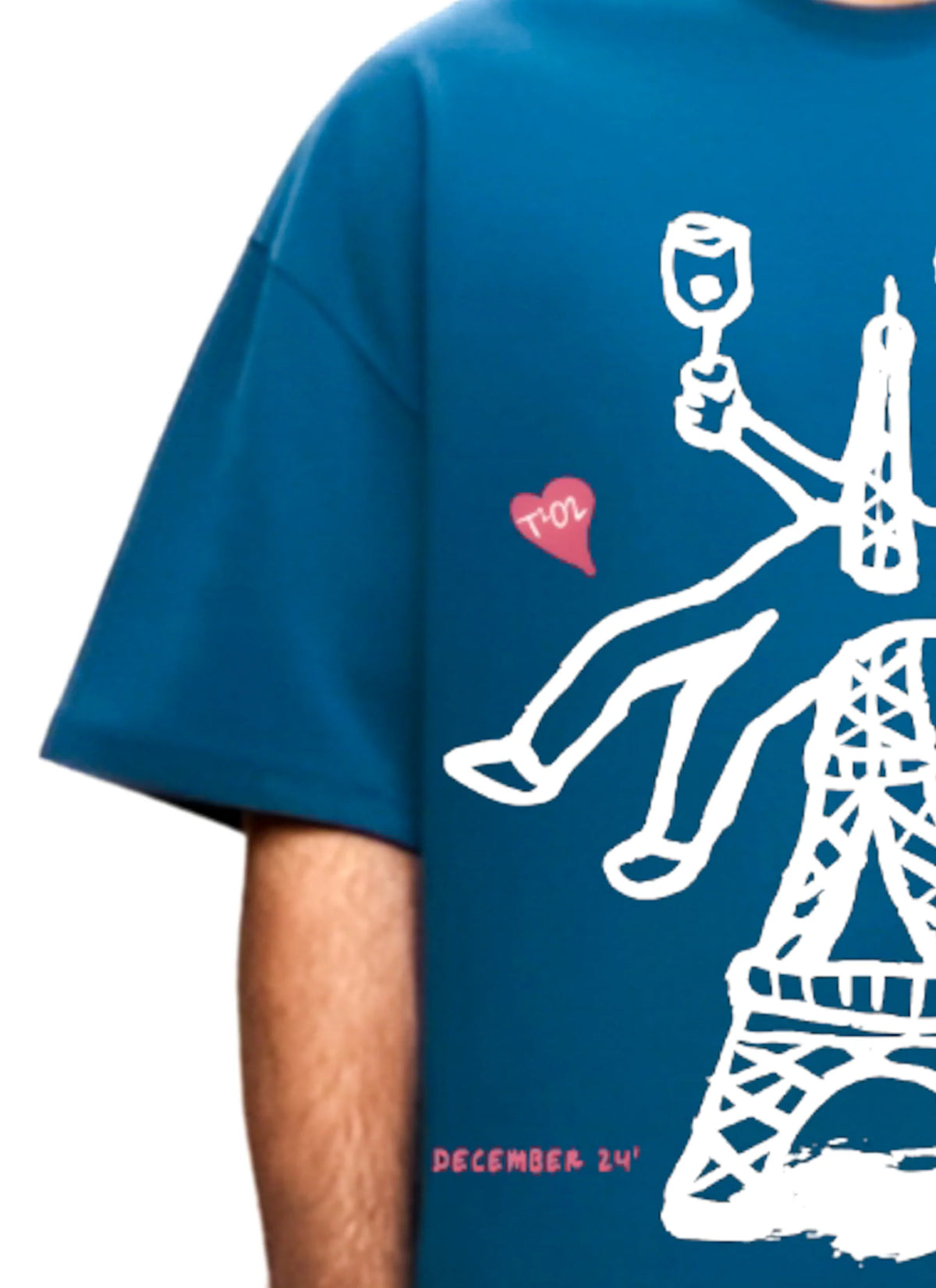 Blue graphic T-shirt with Eiffel Tower print, short sleeves, crew neckline