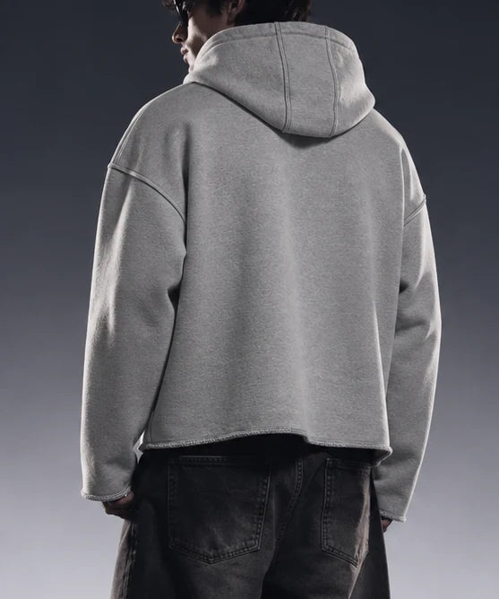 Heather gray cropped hoodie, hooded back view with full-length sleeves