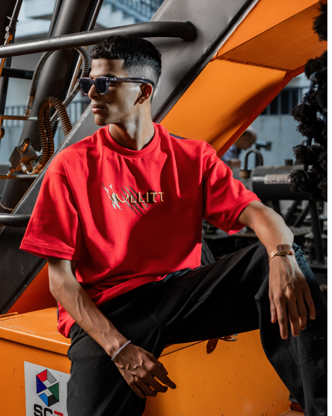 Red crew-neck T-shirt with small chest logo