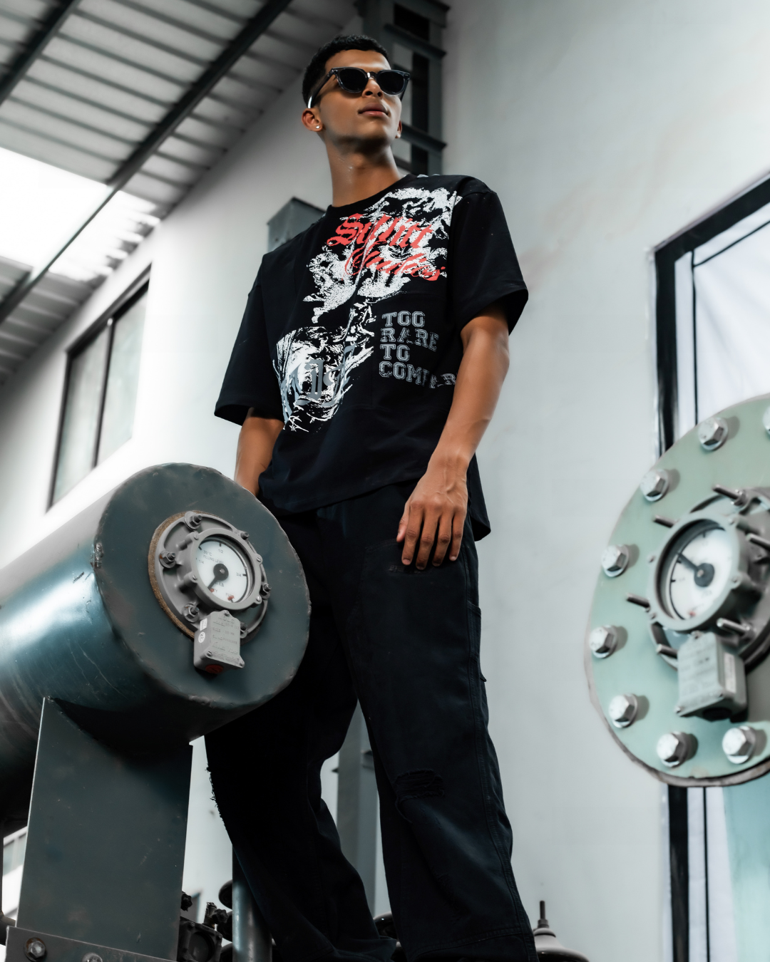 Angel Grey patch T-shirt, black crewneck with large red/white front graphic print