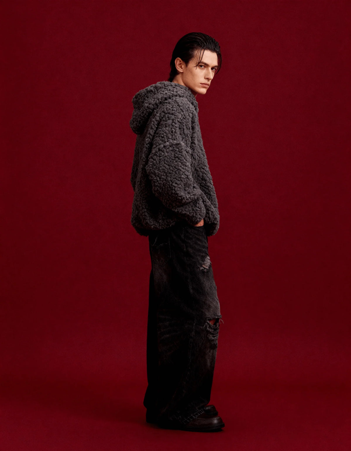Vintage gray polar fleece hoodie, side profile with hood and kangaroo pocket, long sleeves