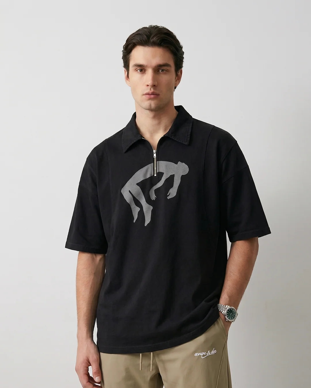 FALLING FIGURE ZIP POLO TEE (BLACK)