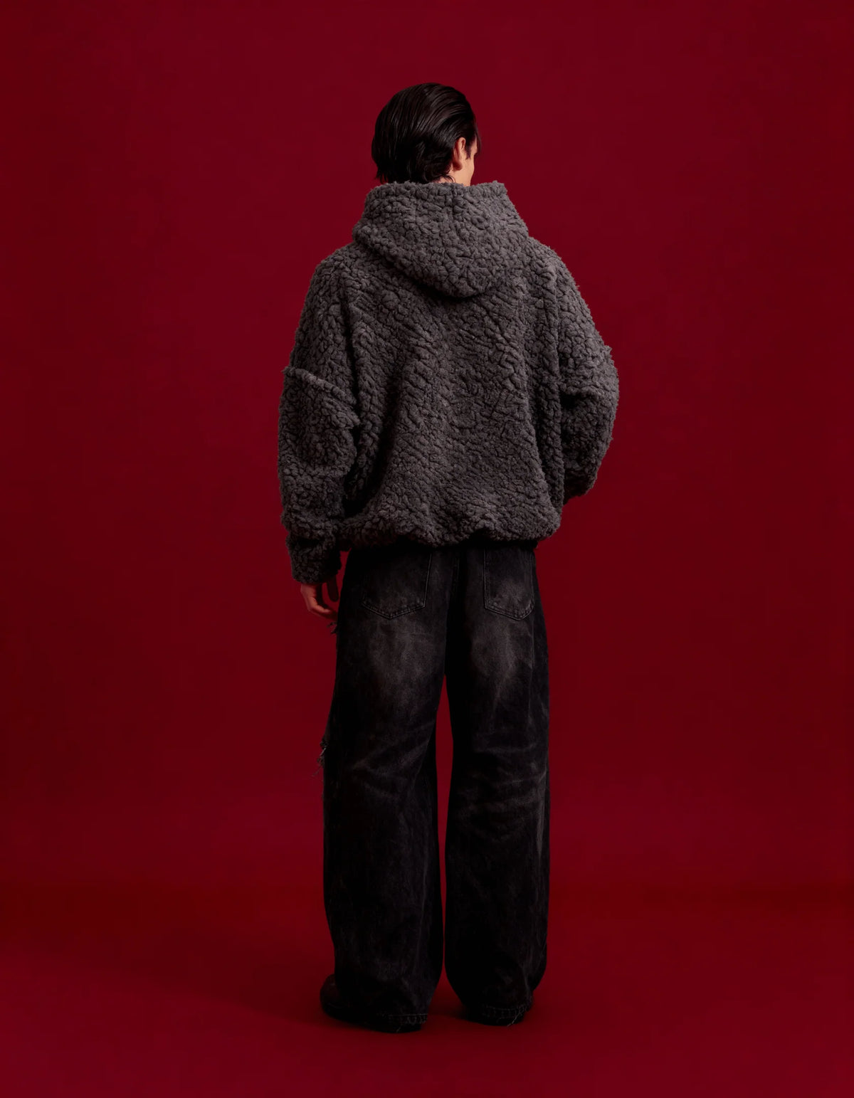 Vintage gray polar fleece hoodie, back view with attached hood and kangaroo pocket, full sleeves