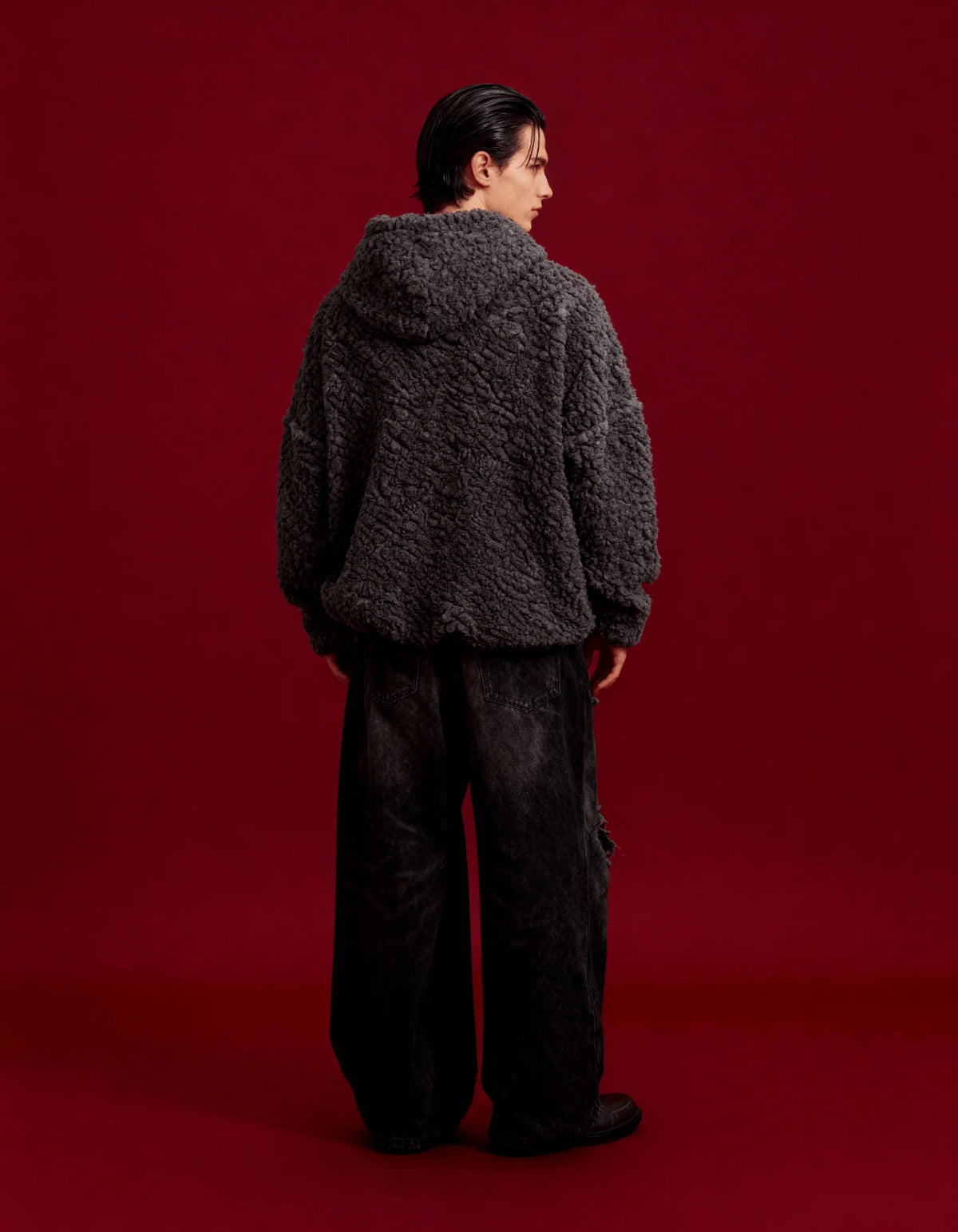 Vintage gray polar fleece hoodie with attached hood and kangaroo pocket, full sleeves
