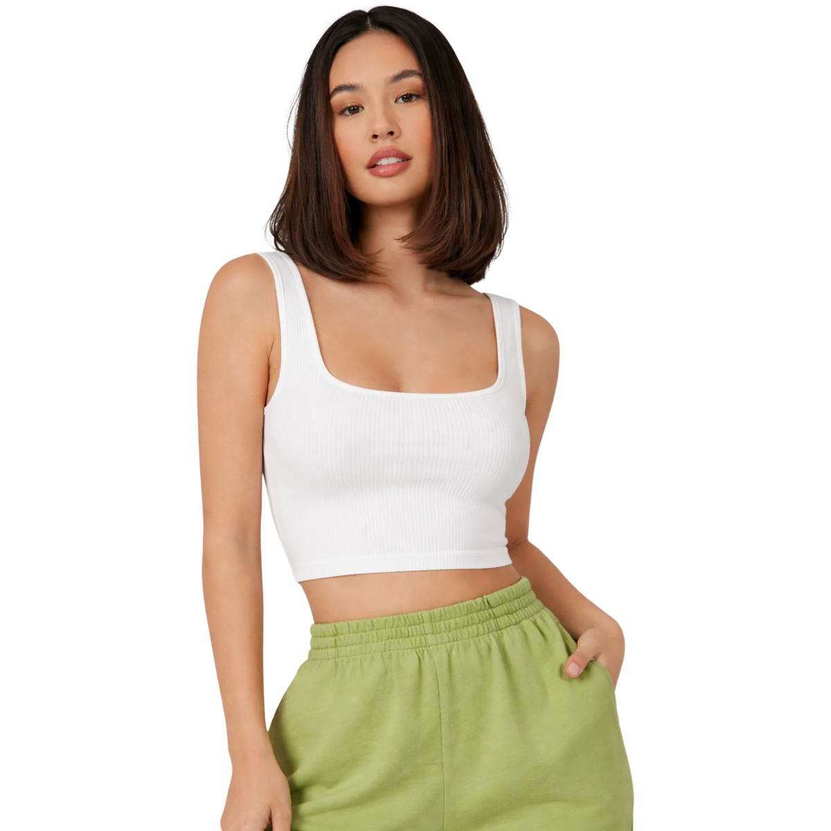 White ribbed sleeveless crop top with square neckline, fitted cropped length