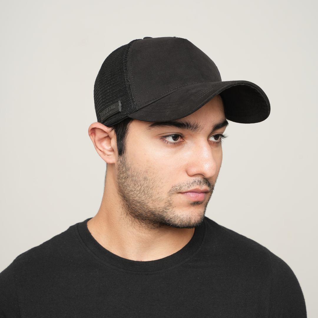 Black baseball cap with mesh back and curved brim