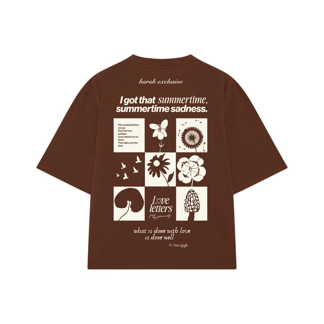 Brown short-sleeve T-shirt with large back graphic collage and quote