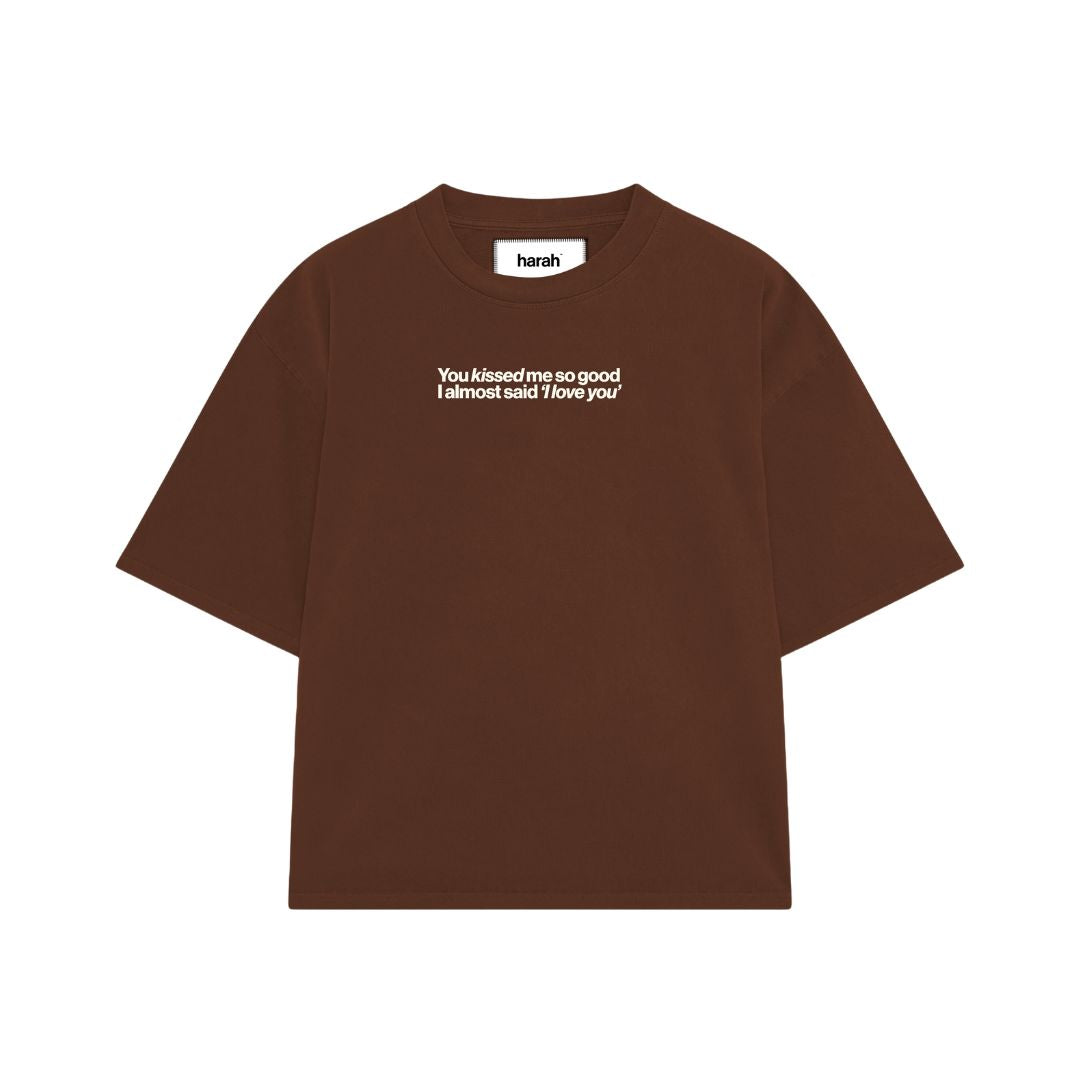 Brown short-sleeve T-shirt with small chest logo label