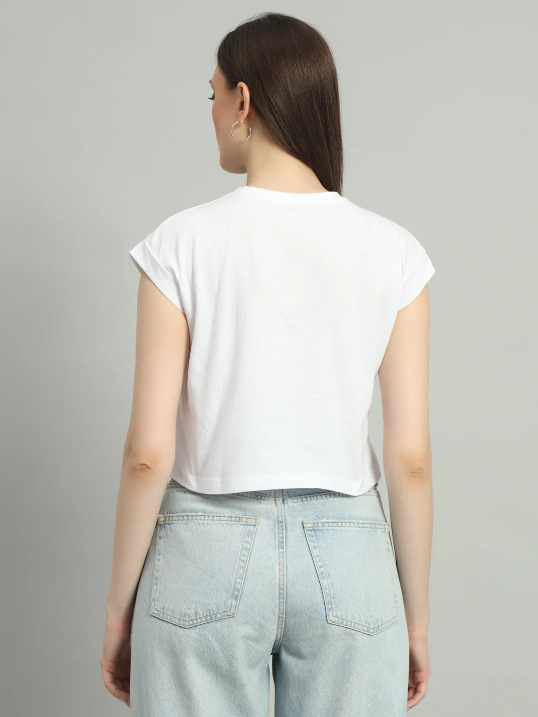 White short-sleeve cropped tee back view, no visible logo