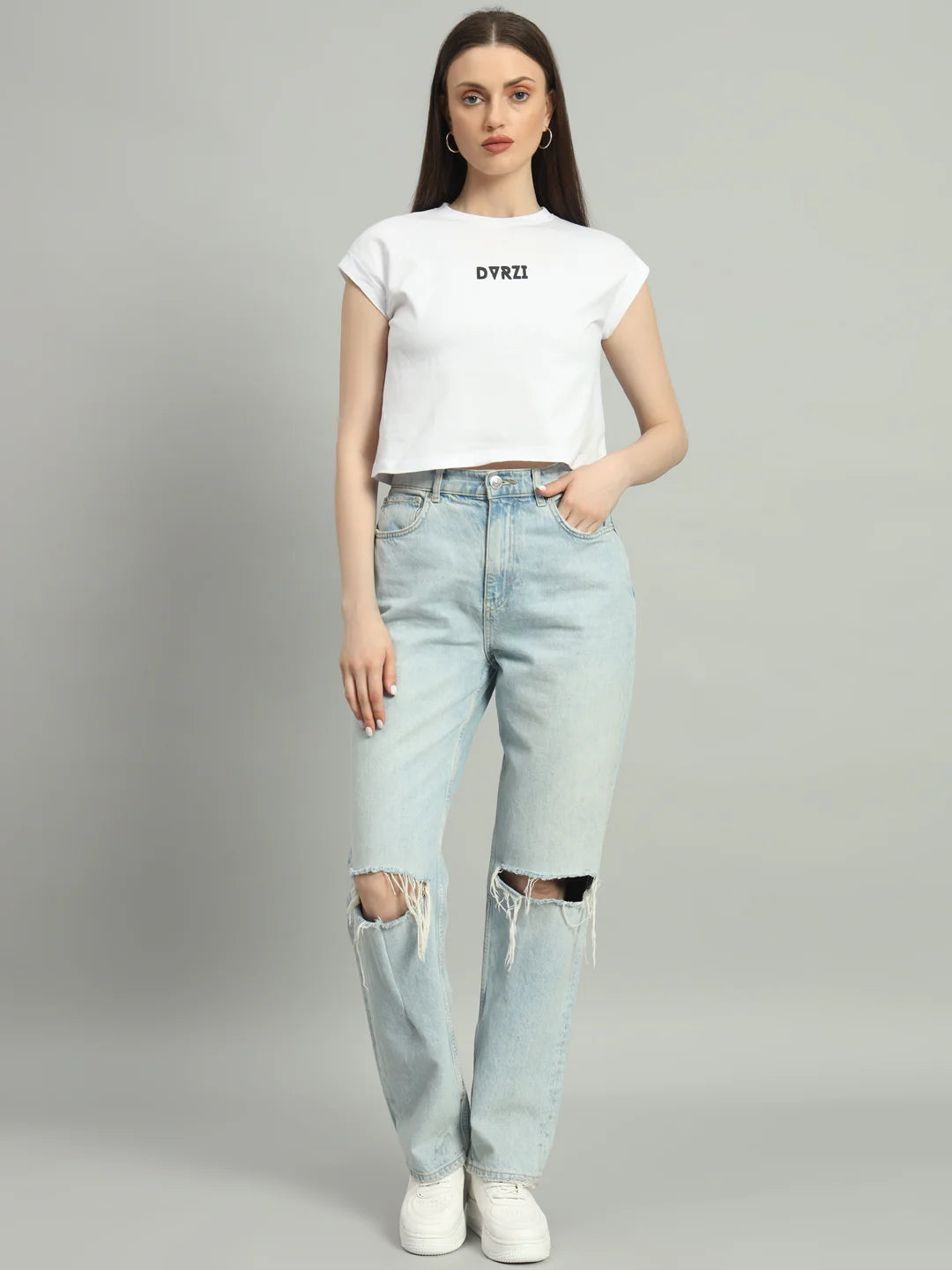 White short-sleeve cropped tee with DVRZI logo, casual everyday fit
