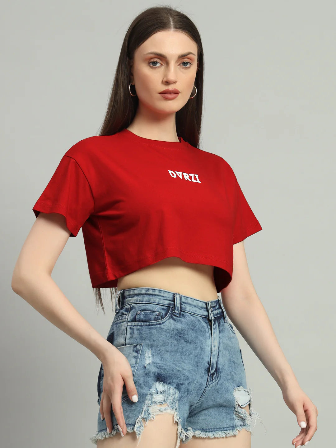 Red cropped T-shirt with DVRZI logo on chest, short cuffed sleeves