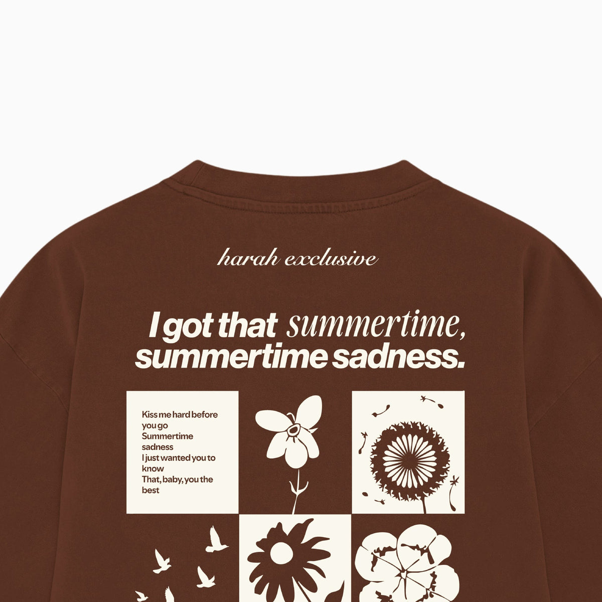 Brown T-shirt back close-up with harah exclusive text and flower artwork