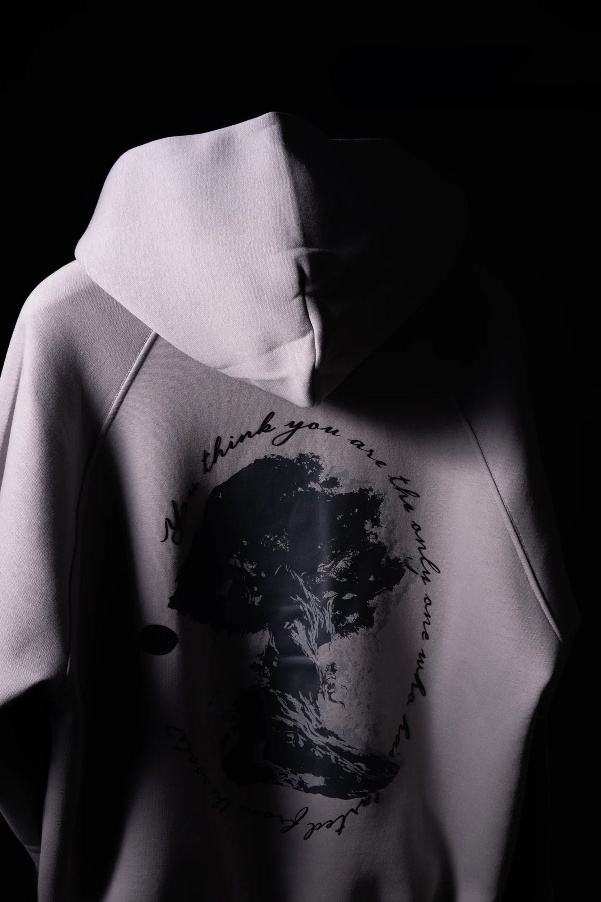 Light purple hoodie back portrait graphic print with hood and dark text