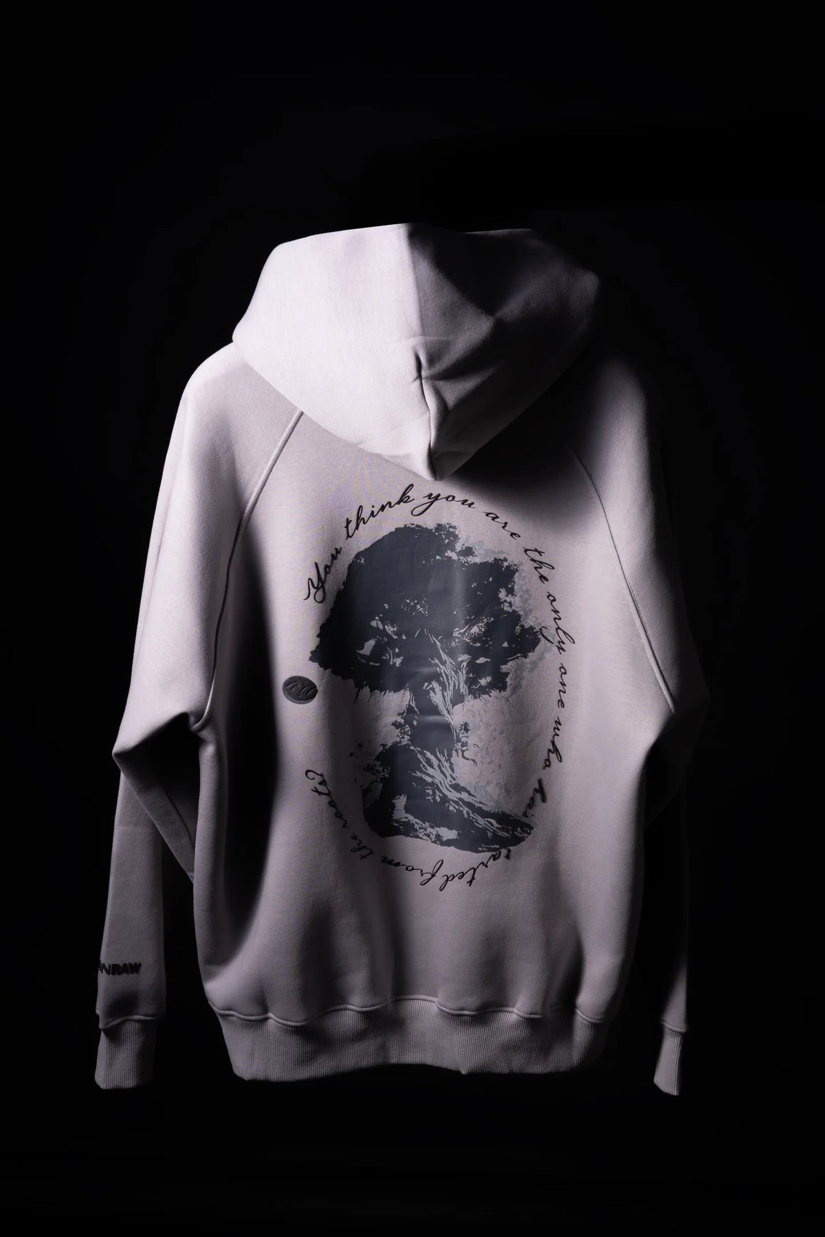 Light purple hoodie with hood and large back portrait graphic print