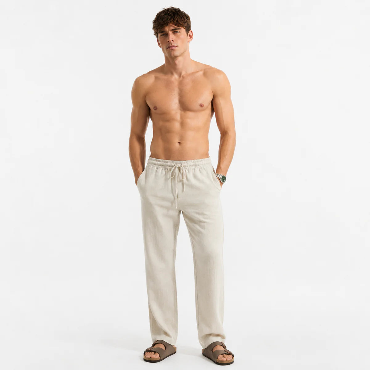 SAND BEIGE PULL ON LINEN PANTS