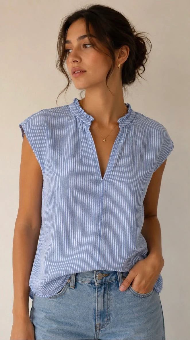 Striped sleeveless V-neck top in light blue with ruffled neckline