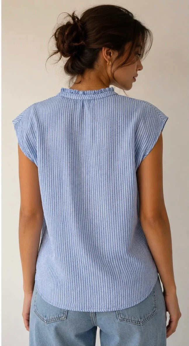 Back of light blue striped sleeveless top with ruffled high neck and vertical pinstripes
