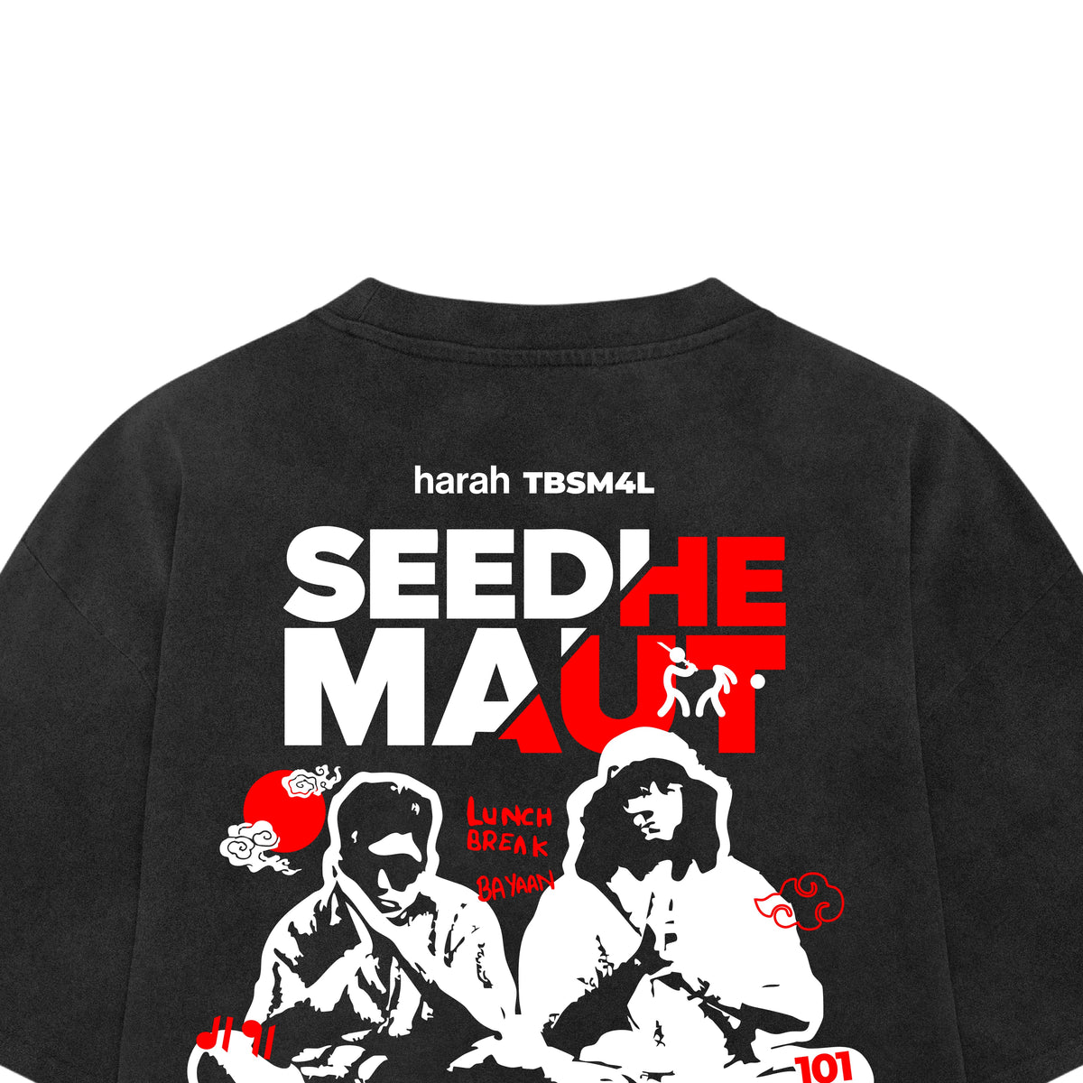Black crewneck T-shirt back design with red-and-white graphic collage