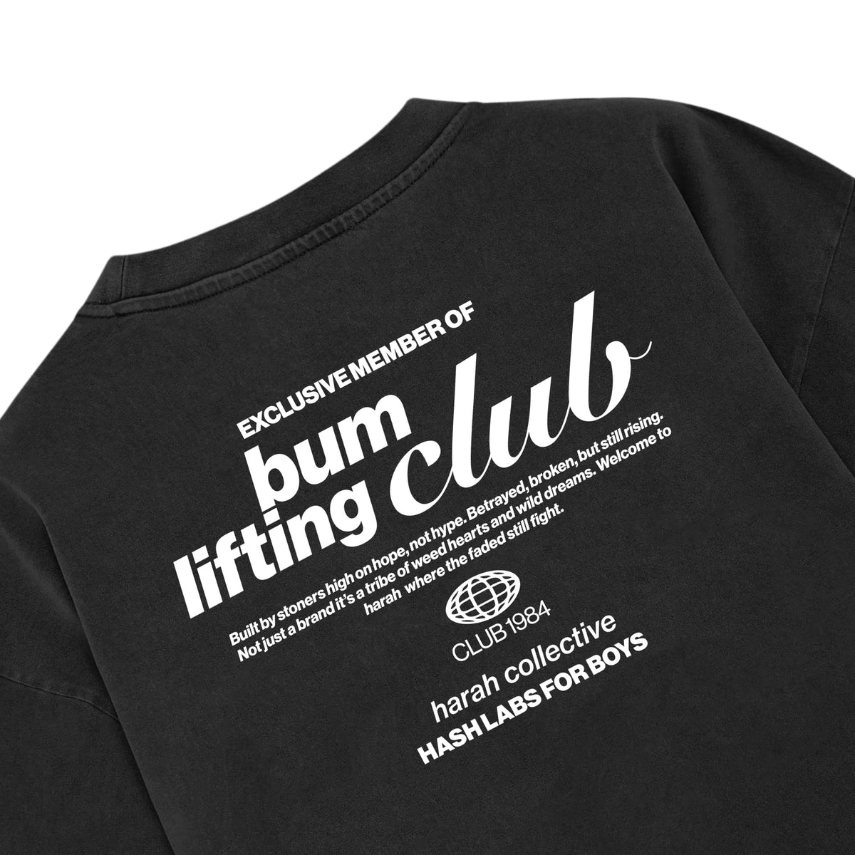Black tee back design angled view with lifting club logo and text