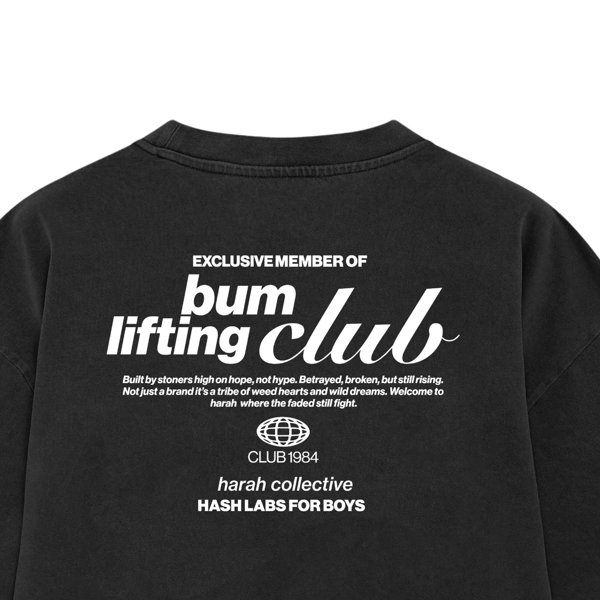 Black tee back design detail with b u m lifting club text logo