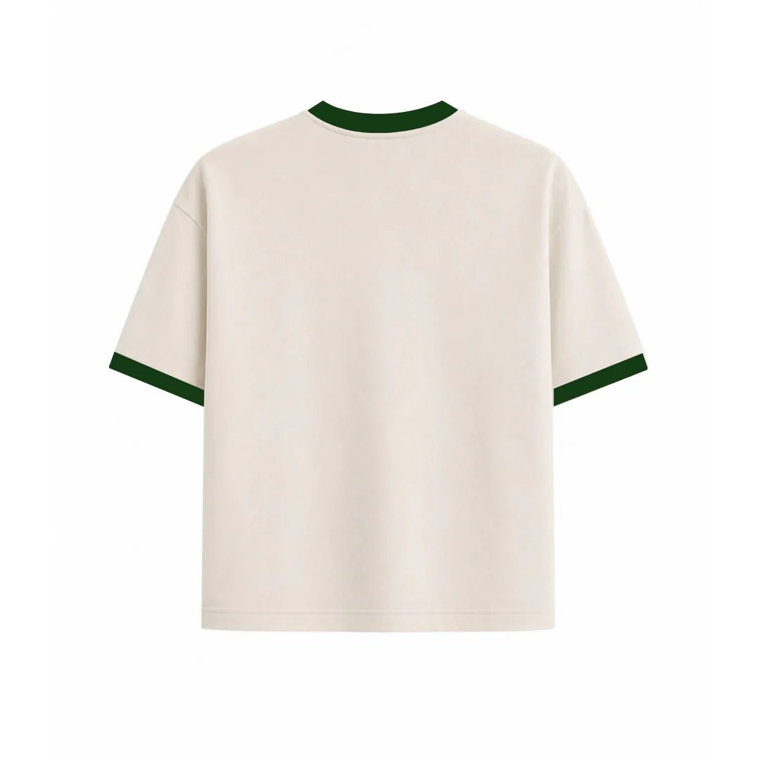 Cropped ringer T-shirt, cream with green crew neck and sleeve trim; plain back