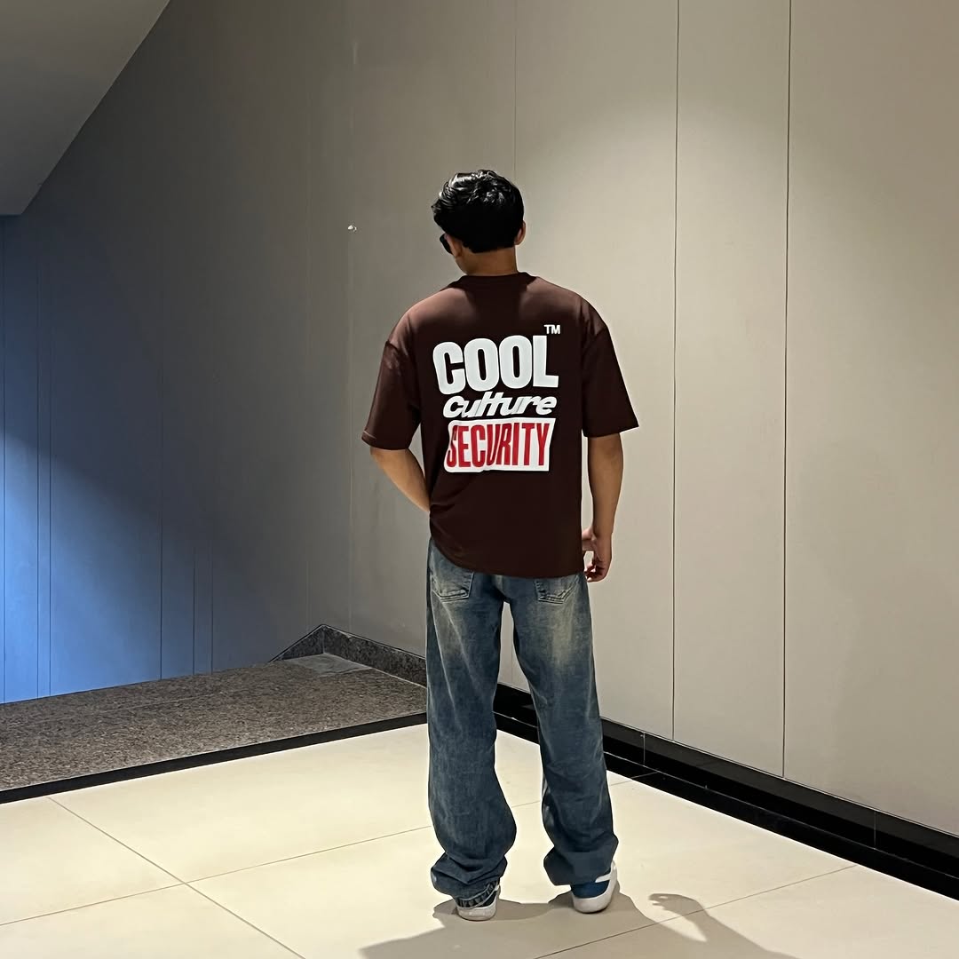 Brown T-shirt with back COOL Culture SECURITY logo graphic, crew neck, short sleeves