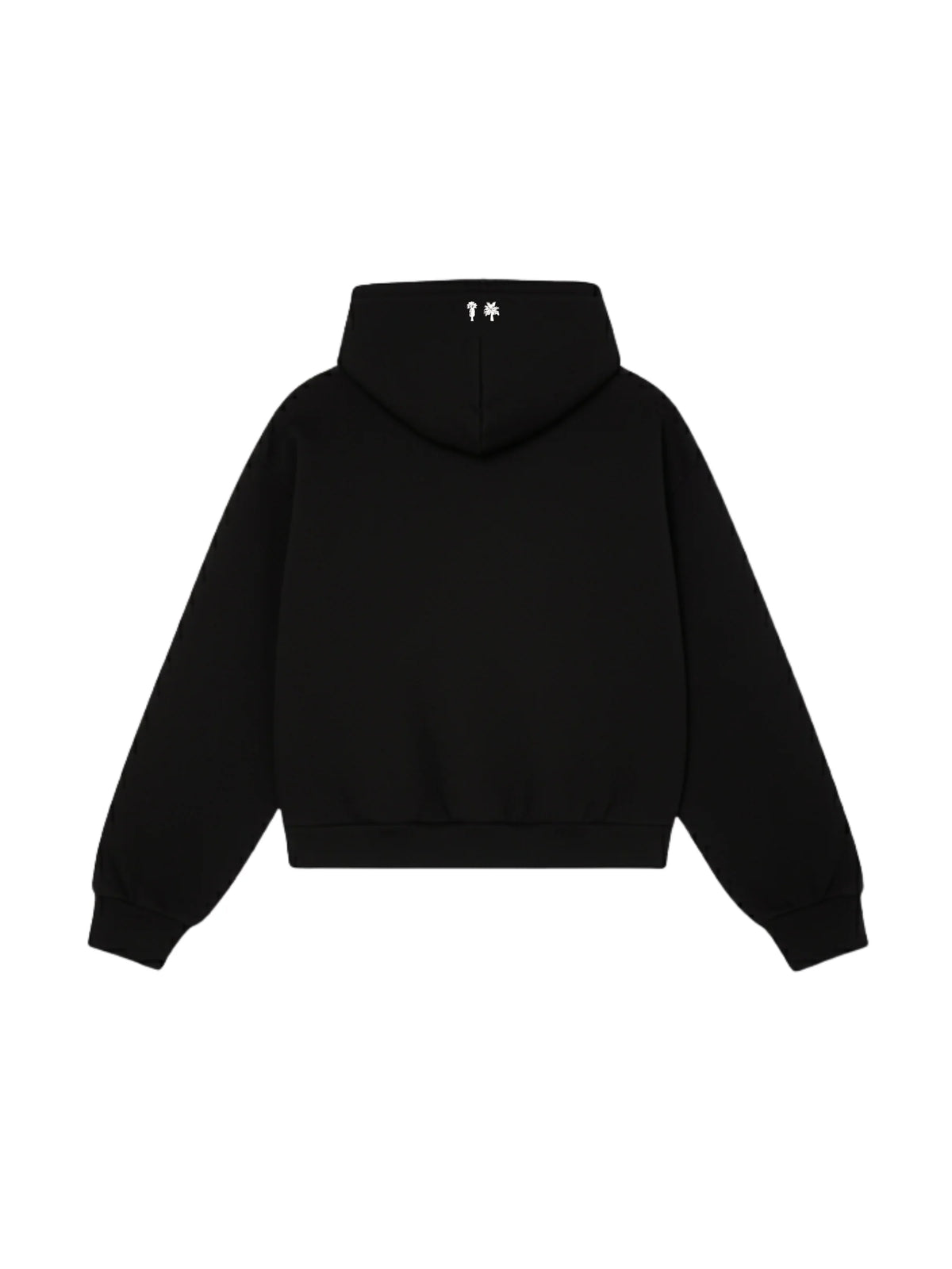 Black hoodie with hood and small logo on upper back.