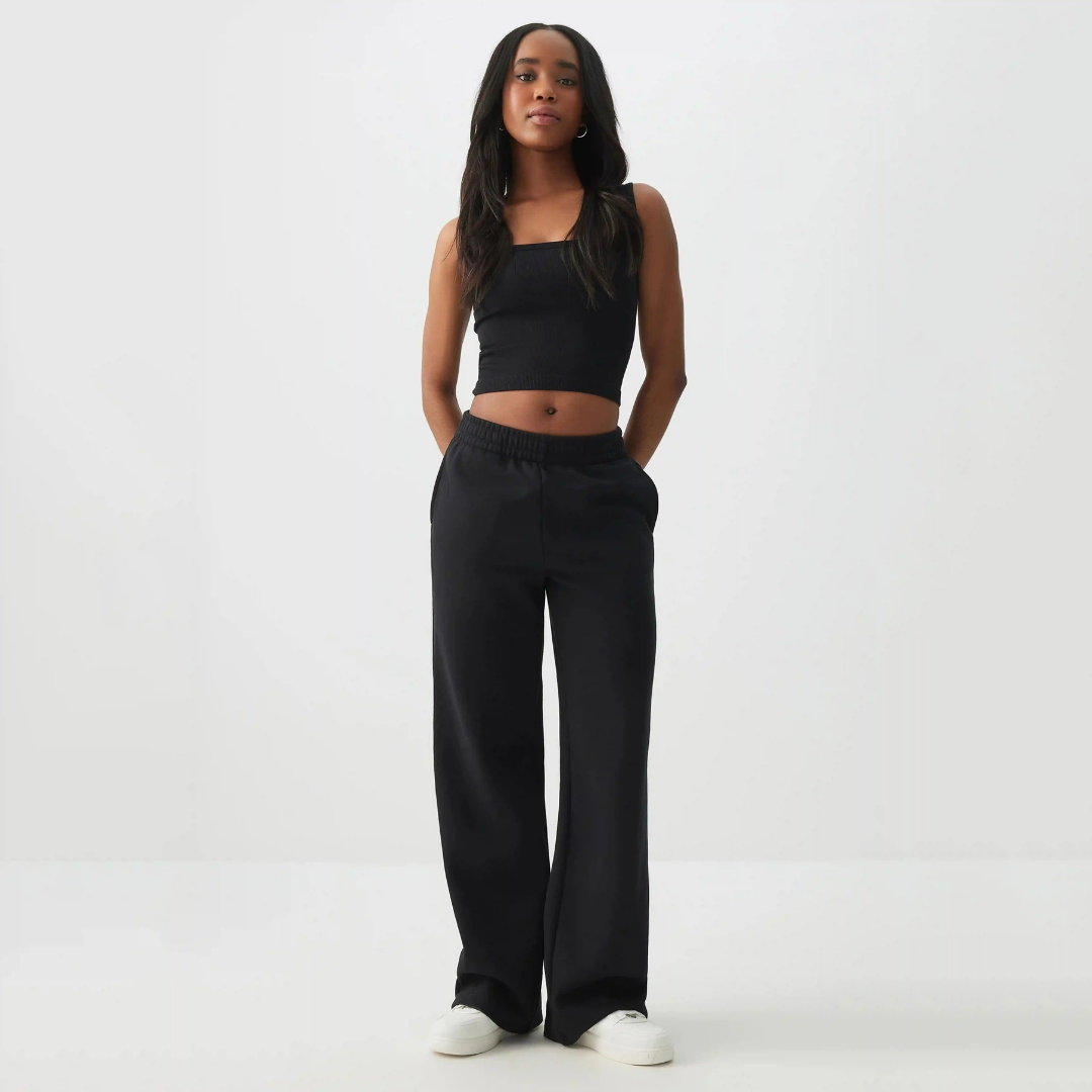 Black sweatpants with wide straight fit and elastic waist