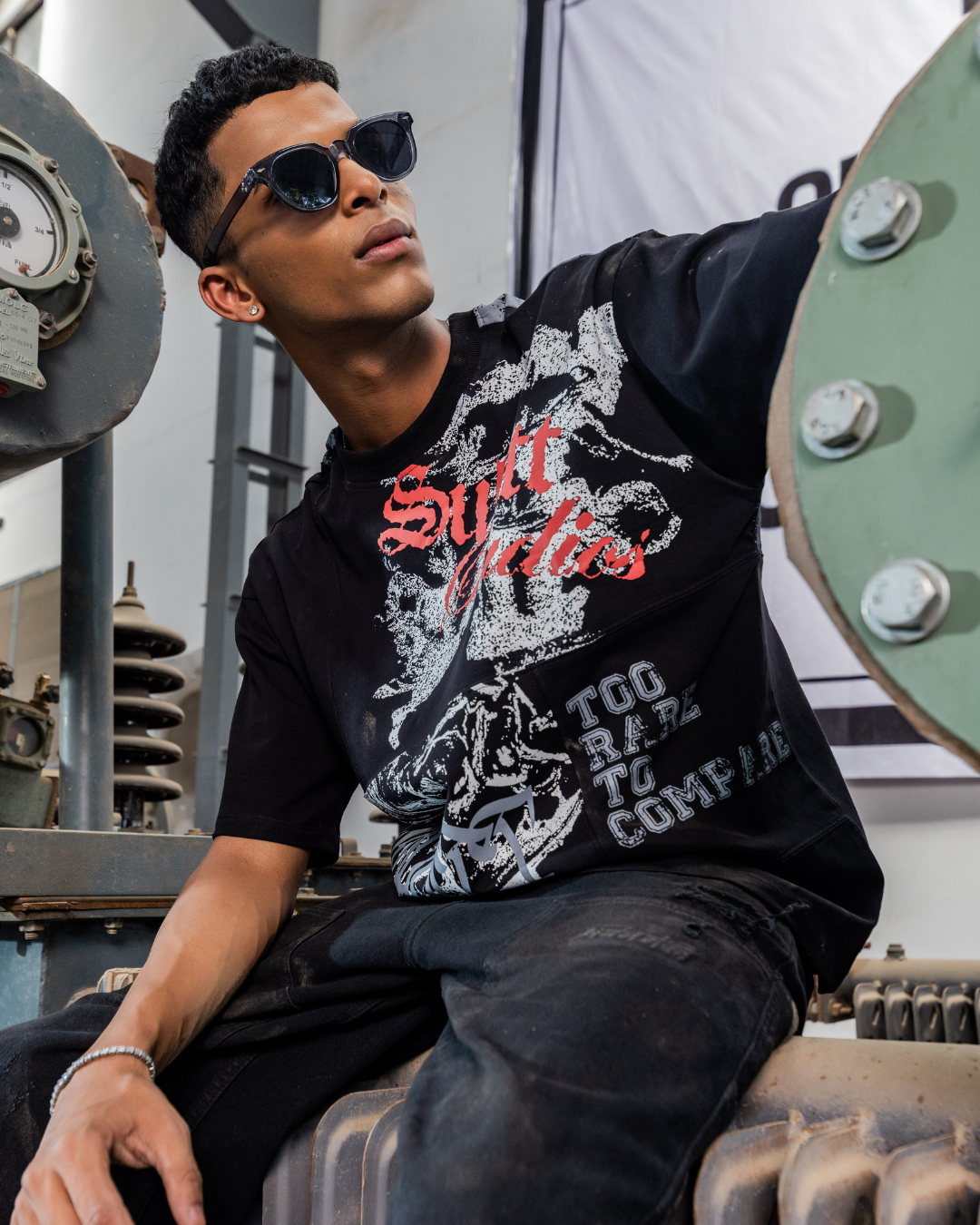 Angel Grey patch T-shirt, black crewneck with red cursive and white graphic panel