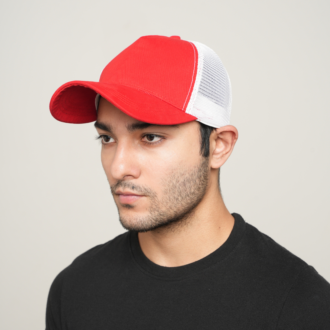 Red and white mesh baseball cap with curved brim