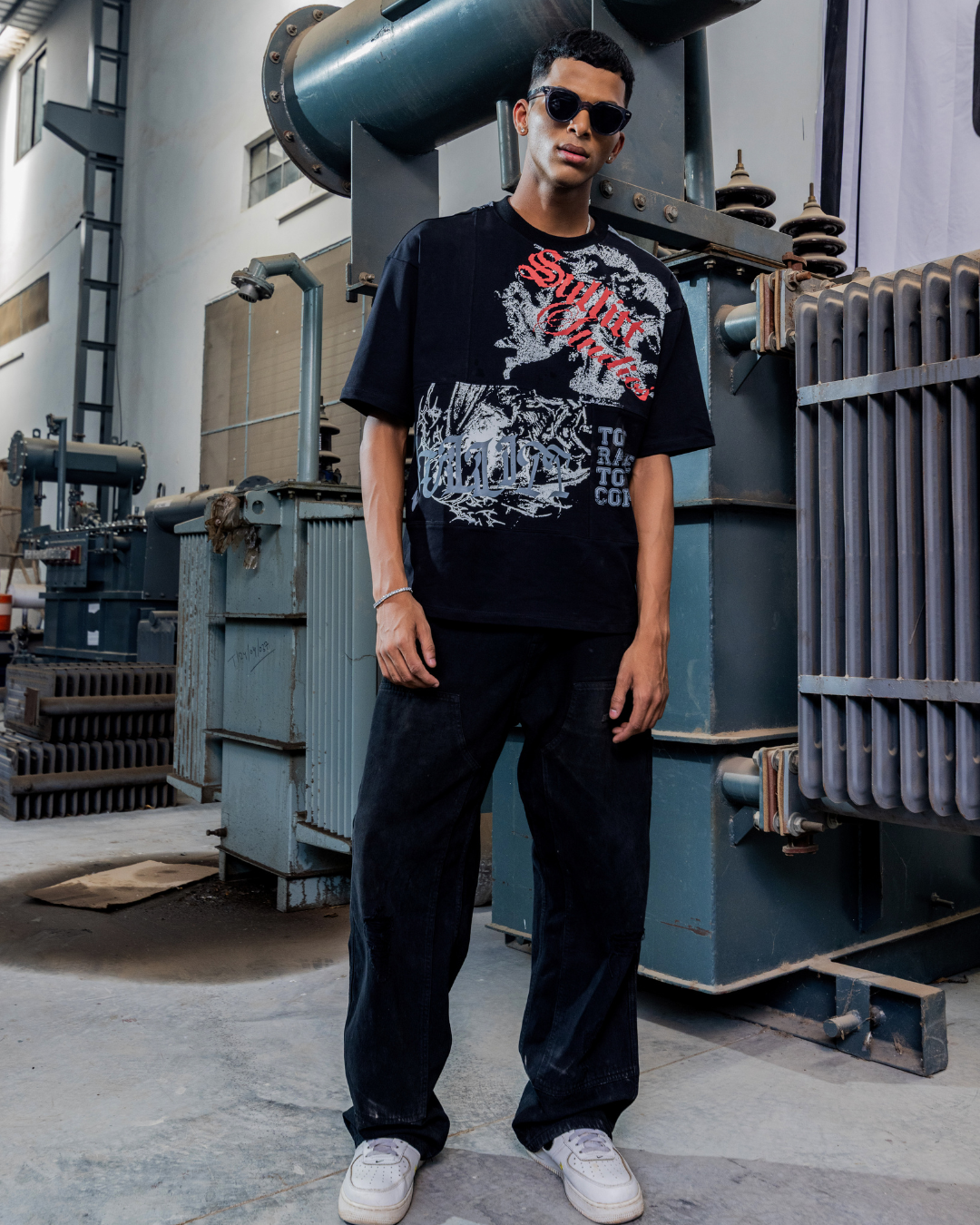 Angel Grey patch T-shirt, black short-sleeve crewneck with distressed white/gray front art