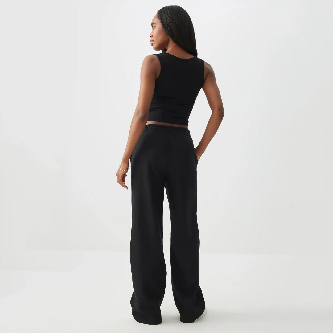Black sweatpants with wide legs and ribbed elastic waistband