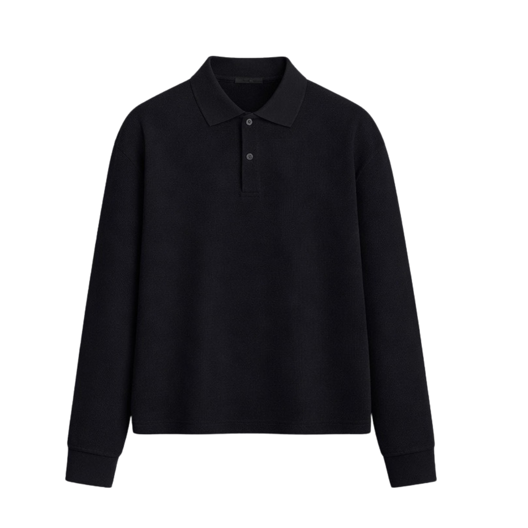 Black long-sleeve polo shirt with button placket and flat collar