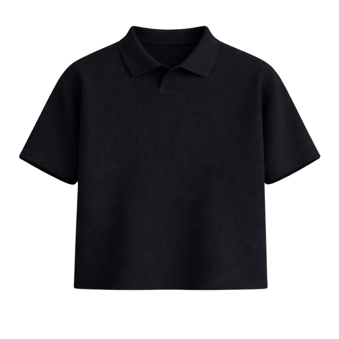 Black waffle-knit boxy polo shirt with short sleeves and pointed collar