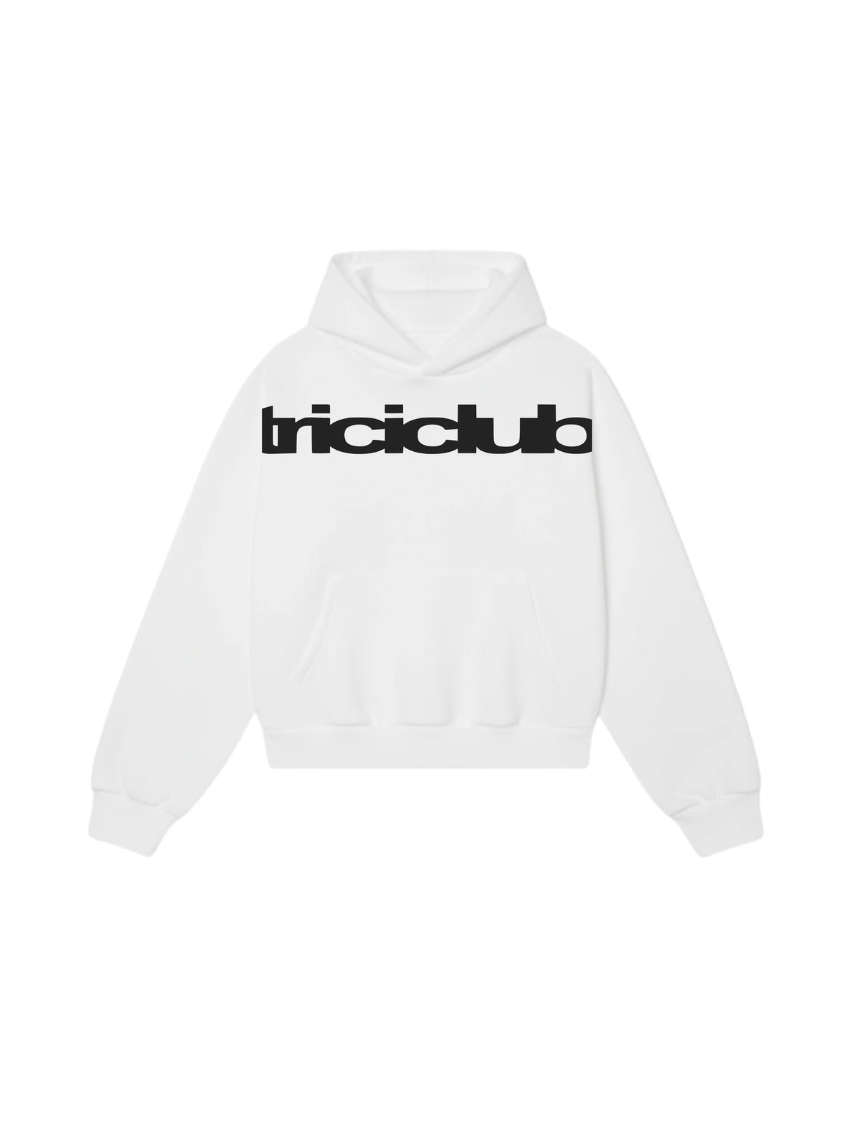 White pullover hoodie with black chest logo, hood and kangaroo pocket