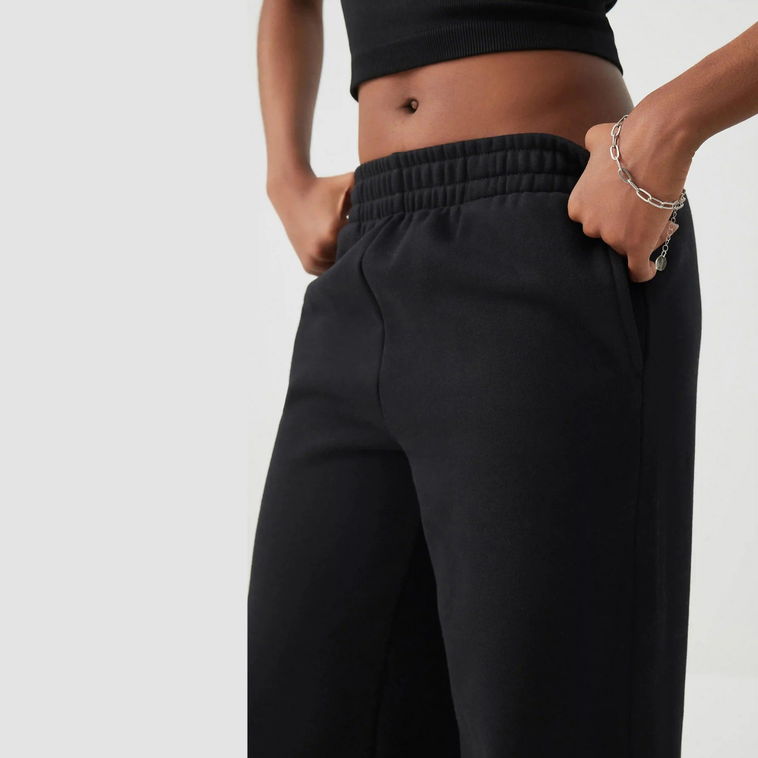 Black sweatpants close-up: elastic waistband and front pocket seams